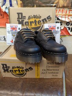 These are an older and extremely rare pair of Dr Martens shoes  This particular model was made in the 1990s at the original factory in Northampton, England. They are a 4 eyelet shoe that has a padded collar, stitch details on their side and a chunky platform sole unit. A brilliant and unique pair of Dr Martens. These are a UK size 4, European 37, ladies USA 6 Northampton England, Character Board, Original Character, Dr Martens Shoes, Chunky Platform, Martens Shoes, Dr. Martens, Boot Shoes Women, Womens Boots