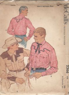 "McCall's 2366; Men's Western Shirt. Small, top stitched pointed collar, zig zag shaped yoke front and back with shaped flap snap breast pockets. Button or snap band front closure. Optional embroidery and contrast, two sleeveband styles. A \"Father & Son\" fashion, for Son's pattern see McCall's 2367. Copyright 1959 Size: Small Chest: 34 - 36 Waist: 30 - 32 Neck: 14 - 14 1/2 This pattern is cut and complete.  The marked envelope has tanning and tattering. OR Large Chest: 42 - 44 Waist: 38 - 40 N Western Shirt Pattern, Yoke Designs, Mens Shirt Pattern, Mens Sewing Patterns, Mens Western, 1950s Mens, Shirt Sewing Pattern, Square Dance, Roy Rogers