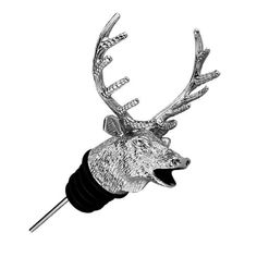 a silver deer head mounted on top of a black and white background with an arrow in it's mouth