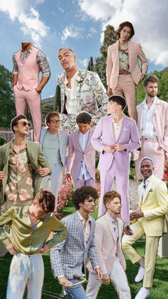 a collage of men in pastel colored suits