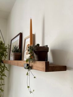 a candle and some potted plants are sitting on a shelf above the fireplace mantel