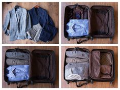 four pictures show different types of clothes in an open suitcase on the floor, including shirts and pants