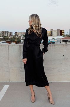 Cassandra Dress-Black Officiant Outfits For Women, Cocktail Winter Outfit, Formal Black Dress Accessories, Wedding Photographer Outfit What To Wear, Festive Cocktail Attire, Black Satin Dress Outfit, Europe Dress, Date Night Outfit Fall, Satin Dress Outfit