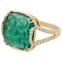 This ring is cast in 14-karat gold. It is hand set with 6.75 carats carved emerald and .33 carats of sparkling diamonds. FOLLOW MEGHNA JEWELS storefront to view the latest collection & exclusive pieces. Meghna Jewels is proudly rated as a Top Seller on 1stDibs with 5 star customer reviews. All items manufactured by us are handmade and can be customized or redesigned. Composition Size-US-7 Total Weight-4.895 Gold Weight(Gms)-3.48 Diamond Wt(Cts)-0.33 Emerald Wt(Cts)-6.75 Emerald Cocktail Ring, Emerald Cocktail, Premium Jewelry, Emerald Diamond Ring, Gold Cocktail Ring, Yellow Gold Jewelry, Diamond Cocktail Rings, Mens Jewelry Bracelet, Natural Glow