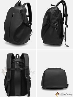 four different views of a black backpack