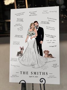 a wedding card with a drawing of a bride and groom