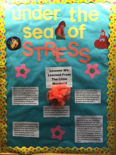 Under the sea of stress - RA bulletin board Under The Sea Ra Theme, Bulletin Board Under The Sea, Ra Activities, Hall Themes, Resident Assistant Door Decs, Dorm Bulletin Boards, Res Life Bulletin Boards, Resident Assistant Bulletin Boards, Office Bulletin Boards