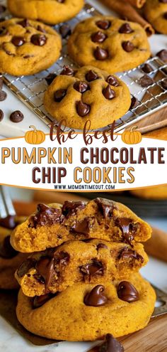 pumpkin chocolate chip cookies stacked on top of each other