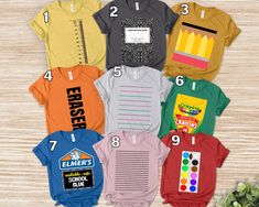 a group of children's t - shirts with numbers and pencils on them