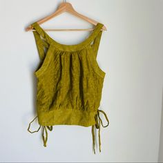 Cross Back Detail Round Neck Tank Mustard Green/ Yellow Color Please Let Me Know If You Need Measurements Chic Yellow Cotton Crop Top, Sleeveless Olive Top For Summer, Fitted Mustard Crop Top For Spring, Mustard Fitted Crop Top For Spring, Mustard Green, Yellow Clothes, Mustard Greens, Anthropologie Top, Green Man