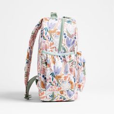 A backpack that's extra comfy and ready to handle all the adventures of the day. Patterned with big cats, blooms and a lush landscape, the kids' large knapsack is constructed of supremely durable polyester made from recycled water bottles. A roomy interior holds everything your kid needs-books, school supplies, extra layers-and there's a padded pocket to keep their tablet protected. Outside pockets hold snacks, water bottles and more. Pair this book bag with the matching Leopard Floral lunch box Back To School Backpack With Floral Print, Back To School Floral Print Backpack, Multicolor Travel Backpack For Spring, Spring Travel Backpack In Multicolor, Girls Backpacks For School, Toddler Girl Backpack, Books School, Lush Landscape, Girls Backpack