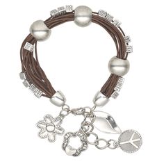 Ready-to-wear bracelet is ideal for gift-giving, counter sales or extending current jewelry lines. Charm bracelet includes '60s-inspired charms including flowers, leaves and peace signs. Colors, shapes and sizes may vary in each lot. Brown Bracelet With Silver Beads, Adjustable Gunmetal Metal Bracelets, Adjustable Gunmetal Metal Bracelet, Brown Silver Beads Bracelet Jewelry, Adjustable Multi-strand Metal Bracelets, Brown Silver Beaded Bracelet, Vintage Silver Leather Bracelet As Gift, Nickel Free Silver Leather Bracelet, Antique Silver Metal Bracelets With Oxidized Finish