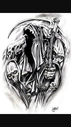 a black and white drawing of a skeleton holding a knife