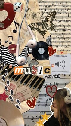 a collage of musical instruments, music notes, and heart shaped stickers is featured in this image