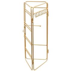 a gold metal rack with clothes hanging from it's sides and two hangers on each side