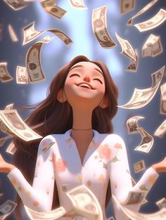 a woman is surrounded by money falling from the sky in front of her, as if she's happy