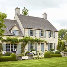 a large house with lots of windows and plants in the front yard, surrounded by greenery