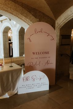 a welcome sign is set up in the middle of a room with tables and chairs