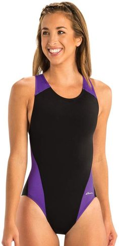 Women's Dolfin Performance Back Colorblock One-Piece Swimsuit Sporty Tankini With Built-in Padding For Swimming, Sporty Sleeveless Tankini For Water Sports, Sleeveless Nylon Leotard For Swimming, Fitted Color Block Tankini For Swimming, Sporty Nylon Tankini With Moderate Back Coverage, Functional Racerback Swimwear For Swimming, Nylon Sleeveless Swimwear For Training, Sleeveless Nylon Swimwear For Training, Sporty Color Block Tankini For Sports