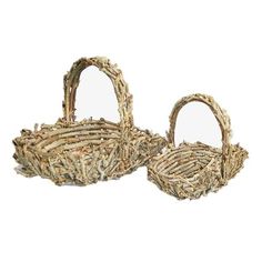 two wicker baskets sitting next to each other on a white background, one is empty