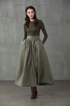 1950 Skirt, Green Linen Skirt, Edwardian Skirt, Victorian Skirt, Skirt Winter, Wide Skirt, Skirt A Line, Retro Skirt, Maxi Rok