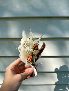 a person holding a flower in front of a white house with shadows on the wall