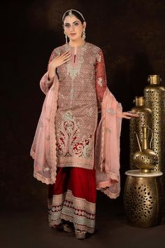 Red full sleeves A-line kurta with all over persian jaal embroidery using dori, thread and sequin highlights. Paired with a matching fleur embroidered palazzo and a contrasting baby pink scallop border fleur motif embroidered organza dupatta. - Aza Fashions Jaal Embroidery, Kurta Palazzo Set, Organza Embroidery, Sharara Gharara, Scallop Border, Kurta Palazzo, A Line Kurta, Palazzo Set, Embroidered Organza