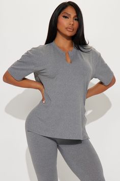 Available In Heather Grey And Navy. Legging Set Oversized Short Sleeve V- Neck Detail High Rise Legging Elastic waist Stretch 96% Polyester 4% Spandex Imported | Lets Chill Together Short Sleeve Legging Set in Heather Grey size Medium by Fashion Nova High Rise Leggings, Grey Fashion, Matching Sets, Fashion Nova, Heather Grey, Elastic Waist, High Rise, V Neck, Elastic