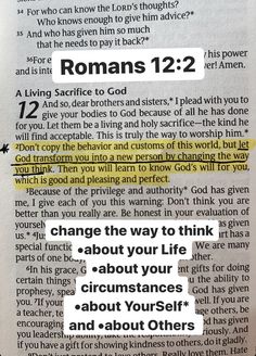 an open bible with the words romans 12 2 and some other things in it,