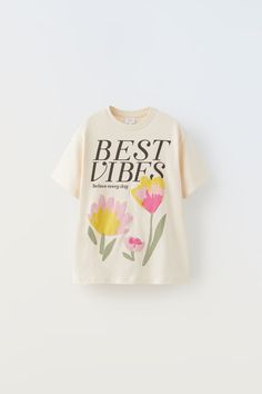 FLOWER T-SHIRT - Dark anthracite | ZARA United States Zara Sale, Disney T, Zara Girl, Floral Tee, Round Neck Sweatshirts, Zara Kids, Disney Tshirts, Fun Prints, Zara United States