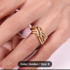 Gold Tone Ring With An Intertwined Design. Has Inlayed Zircon That Shines Beautifully. New. Size 8. Gold Rings For Women, Sterling Silver Cz Rings, Trendy Ring, Wedding Band Sets, Cz Ring, Classic Gold, Pure Gold, Rings For Women, Types Of Rings