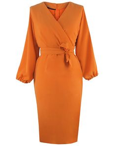 This Faux Wrap Midi Pencil Dress with Big Bishop Sleeve is perfect for any special occasion. Crafted from a luxurious blend of crepe this dress is comfortable to wear and hugs your body in all the right places. The orange hue adds a pop of color to any outfit while the midi cut and sleeved sleeves create a timeless silhouette. Perfect for weddings and parties. Product Features Please Compare your Measurements To our Size Chart Before Purchase Dress Comes With Same Fabric Waist Tie Belt Faux Wrap Big Sleeve Dress, Big Sleeves Dress, Orange Wrap Dress, Big Sleeves, Midi Pencil Dress, Printed Carpet, African Mud Cloth, Dress Orange, Bishop Sleeve