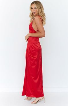 * Red Formal Maxi Dress 
 * Got a special occasion coming up? We've got you covered with this elegant and glamorous silky maxi dress ()! Style with heels () and gold jewellery () to elevate this gorgeous look. 
 * 
 
 * Split on the left leg 
 * Backless style 
 * Adjustable thin straps 
 * V-neck cup detail 
 * Maxi Length 
 * Zip at the back 
 * Lined 
 * Soft satin-like material with minimal stretch 
 * Runs small, please size up 

 * This dress is perfect for homecoming! 

 * This is the per Red Maxi Dresses, Red Fancy Dress, Silky Maxi Dress, Formal Dresses Australia, Formal Maxi Dress, Red Maxi Dress, Prom Midi Dress, 60's Dress, Semi Formal Dresses