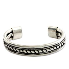 Finely crafted cords embrace a wide rope of sterling silver. Stylish and modern, this bold cuff bracelet is handcrafted by Yuniati in Bali.Product Features Combination finish Product Dimension: 6" L (end to end) x 0.6" W Product Weight: 0.0726 Material: 925 sterling silver Color: Silver Country of Origin: Indonesia Sto Mens Silver Cuff Bracelet, Ring Pandora, Mens Ring Designs, Cuff Bracelets Handmade, End To End, Sterling Silver Cuff Bracelet, Bridal Bracelet, Silver Jewelry Handmade, Hippie Jewelry