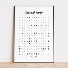 the smith family word search poster in black and white on a wooden floor next to a wall