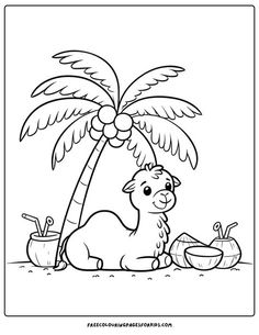 a cartoon animal under a palm tree on the beach with a coconut drink in its hand