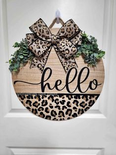 Front Door Hanger Cheetah Leopard Hello Leopard Door Hanger Cheetah Door Hanger Hello Front Door Sign Interchangeable Bow - Etsy Every Day Wreaths For Front Door, Leopard Print Door Sign, Leopard Door Sign, Leopard Christmas Wreath, Leopard Print Door Hanger, Round Wood Sign Ideas, Round Wooden Door Hangers, Door Hangers Round, Door Sign Ideas