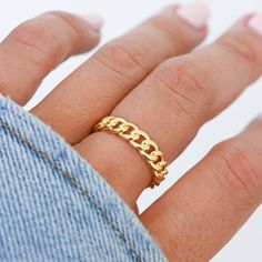 Fashion forward chain ring is perfect on its own or for stacking! It is very elegant and stylish! -- D E T A I L S -- ▫︎ Made of 925 Sterling Silver ▫︎ We use a THICK plating of 14k Gold or Rhodium plated ▫︎ Will not turn fingers green ▫︎ Available in sizes 4-10 ▫︎ Measures 5mm in height Made with 100% Pure Love ♡ Ships in a gift box, ready for gift giving! 🎁 Trendy Gold Chain Ring For Promise, Trendy Chain Link Chain Ring As Gift, Cuban Link Ring, Beautiful Wedding Rings Diamonds, Shoes List, Gold Chain Ring, Chain Ring Gold, Fashionable Saree, Minimal Jewellery