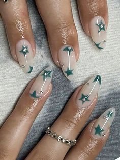 Multicolor  Collar   Plants Color Nails Embellished   Nail,Hand & Foot Care Nail Inspo Almond With Design, Nails Gelx Almond, Star Tip Nails, Gelx Almond Nail Designs, Almond Nails Designs Stars, Almond Gel X Nail Designs, Cool Almond Nails, Alomd Nails Ideas, Star Almond Nails