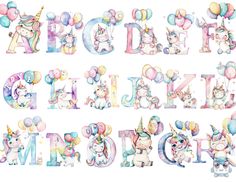 the letters are decorated with unicorns and balloons