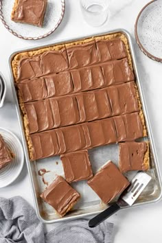 a pan filled with chocolate frosted squares