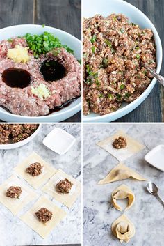 four pictures showing the steps to make an appetizer with meatballs and vegetables