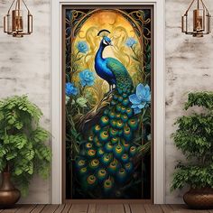 an open door with a painting of a peacock on it