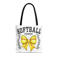 This Coquette softball mama tote is perfect for the stylish and practical mom who loves softball. It is a durable and spacious tote bag that is ideal for everyday use, whether for running errands or carrying sports gear. This tote bag is relevant for Mother's Day, birthdays, or as a thoughtful gift for the sporty mom in your life. Product features - 100% Polyester body for strength and durability - Seamless thread color for a clean finish - Reinforced stitching on handles for added strength - Boxed corners for extra room - Available in 5 handle color options Care instructions - Remove all items from the bag before cleaning. Suggested to pretreat visible stains with stain remover. Mix warm water with laundry detergent and clean the bag with terry washcloth or a soft bristle brush. Let the b Customizable White Bags For Sports Events, Softball Mom Bag Essentials, Travel Softball Mom Must Haves, Softball Bag, Personalized Sporty Bags For Sports Events, White Letter Print Sports Bag, Sporty Personalized Bag For Sports Events, Softball Mom Tumbler Ideas, Softball Mom Bag