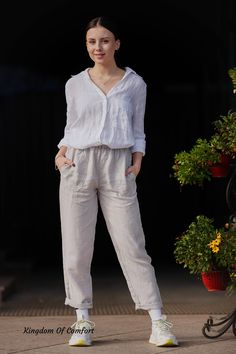 "Linen trousers CALIFORNIA available in 30 color. Handmade from soft stonewashed organic linen. Perfect for any occasion. - - - - - - - - - - - - - - - - - - - - - - - - - - - - - Important * Kindly note in reality, the color may be brighter or darker, depending on the resolution and technical capabilities of your computer * Please select the color you like in the drop-down menu * If you need help with determining the color, just contact us * For the colors \"striped\", kindly note that stripes Cream Linen Pants With Pockets, Cream Linen Tapered Leg Bottoms, Casual Cream Linen Pants, Relaxed Beige Pants With Pockets, Relaxed Beige Straight Pants, Cream Linen Straight Pants, Relaxed Beige Trousers, Neutral Ankle-length Pants With Pockets, Relaxed Neutral Pants With Pockets