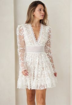 White lace dress, bridal dress, white mini dress, white cocktail dress 2025 Wedding, Crystal Lace, Lace Layers, Steal The Spotlight, White Lace Dress, Inner Goddess, Floral Sleeve, Grand Entrance, Crop Top Blouse