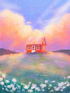 a painting of a red house in the middle of a field with dandelions