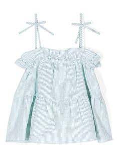 aqua blue cotton vertical stripe pattern ruffled trim square neck spaghetti straps straight hem Baby Fashion Newborn, Armani Kids, Girls Blouse, Blue Blouse, Girl Top, Ruffle Trim, Aqua Blue, Stripes Pattern, Emporio Armani