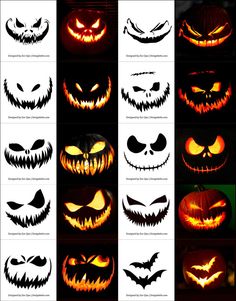 halloween pumpkins with scary faces and eyes in different styles, all lit up at night