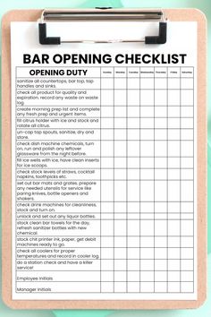 a clipboard with the words bar opening checklist on it